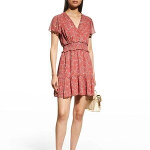 Paige Women's Giannina Floral Smocked Mini Dress Papaya Multi 100% Silk Size XS